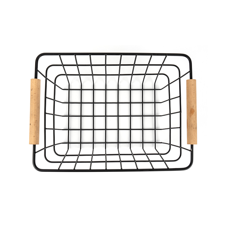 ตะกร้าเก็บลวดพร้อมที่จับไม้สำหรับห้องครัวและห้องเตรียมอาหาร